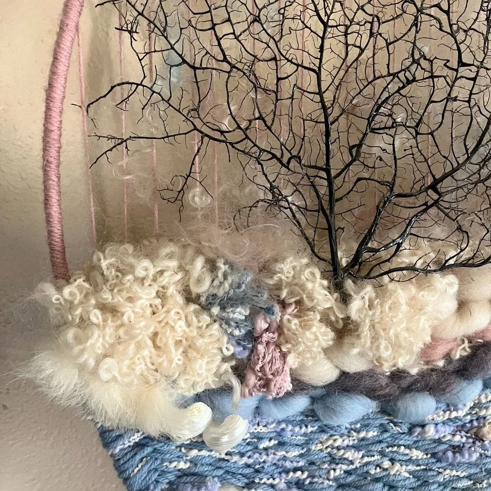 Wool Hand‎ Spun Fiber Mixed Media Wall Hanging Mohair Dream Catcher Boho Cottage